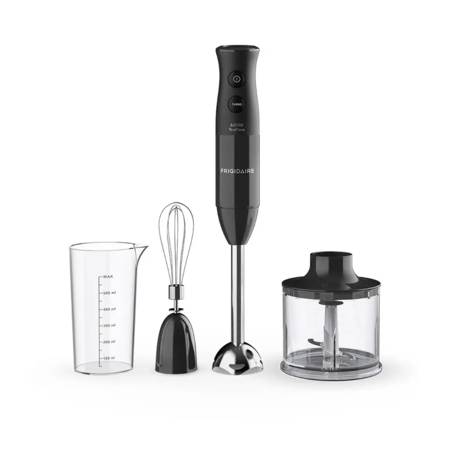 Licuadora Frigidaire negra con accesorios, vista frontal, cocina